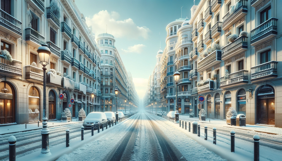 random city street in Madrid covered with 10cm of snow, in a 16_9 aspect ratio. The scene should capture the essence.png
